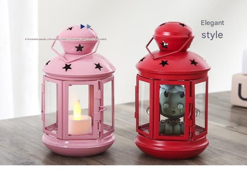 Pink European Style Star Cutout Metal Candle Lantern - Handcrafted Iron & Glass Decorative Lamp for Christmas