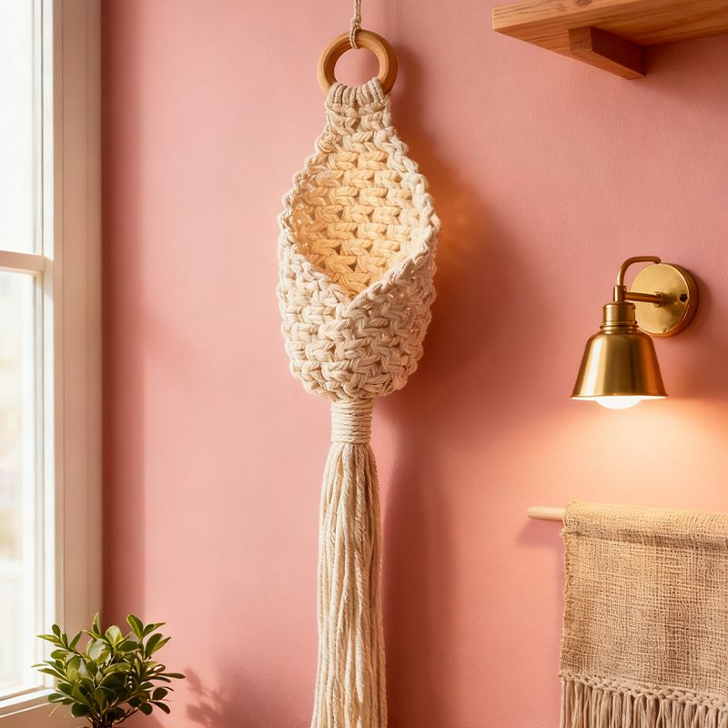 White Macrame Hanging Plant Holder - Cotton Rope Wall Basket