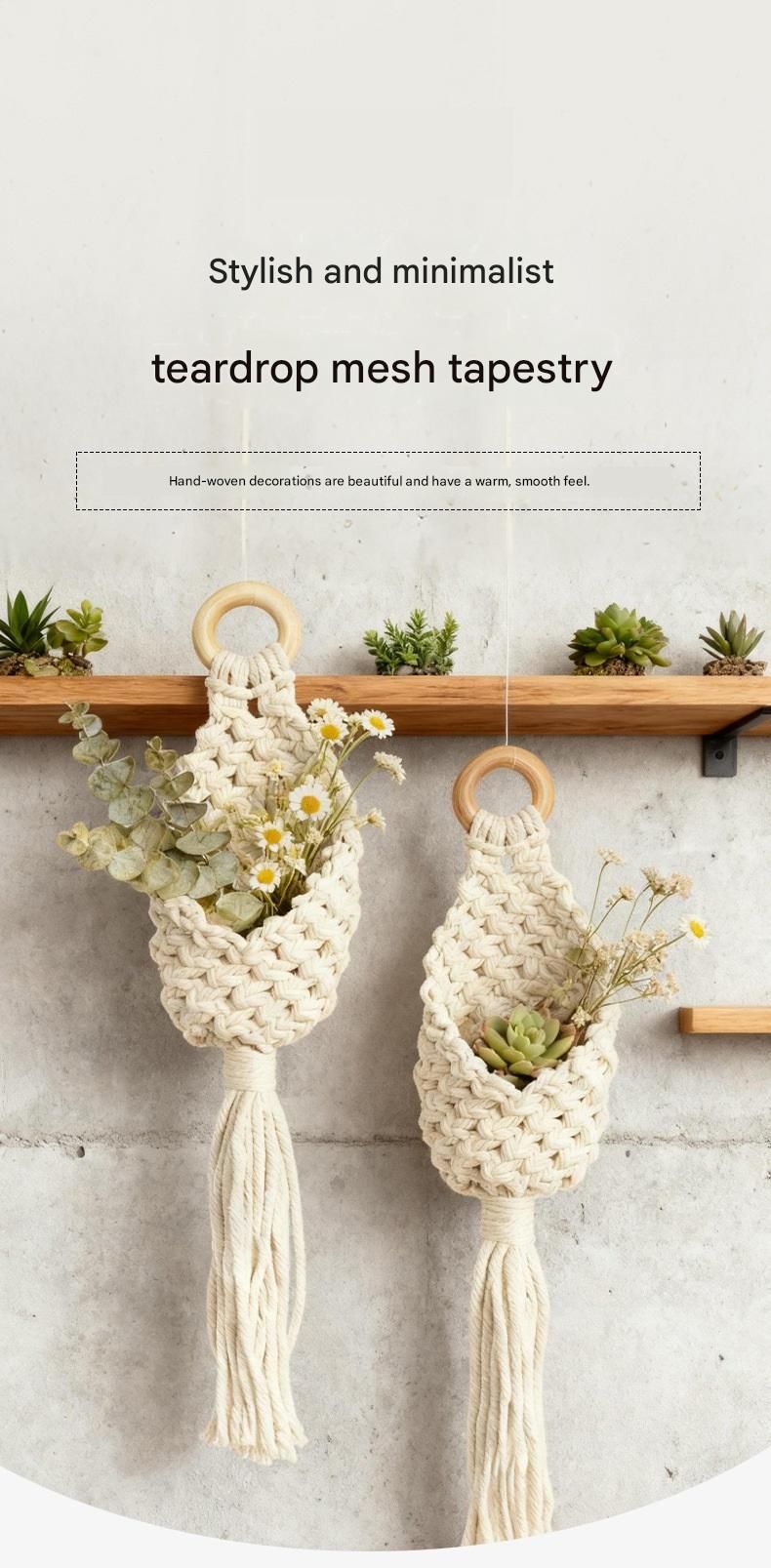 White Macrame Hanging Plant Holder - Cotton Rope Wall Basket
