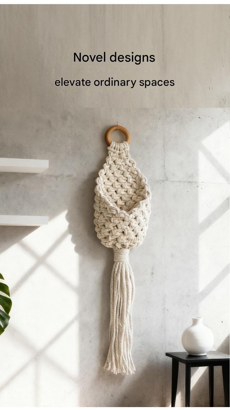White Macrame Hanging Plant Holder - Cotton Rope Wall Basket