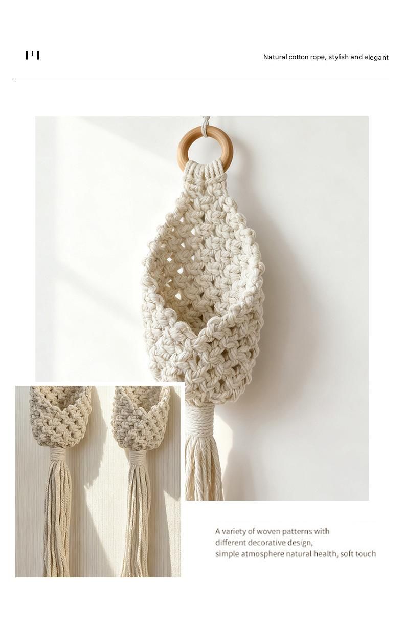 White Macrame Hanging Plant Holder - Cotton Rope Wall Basket