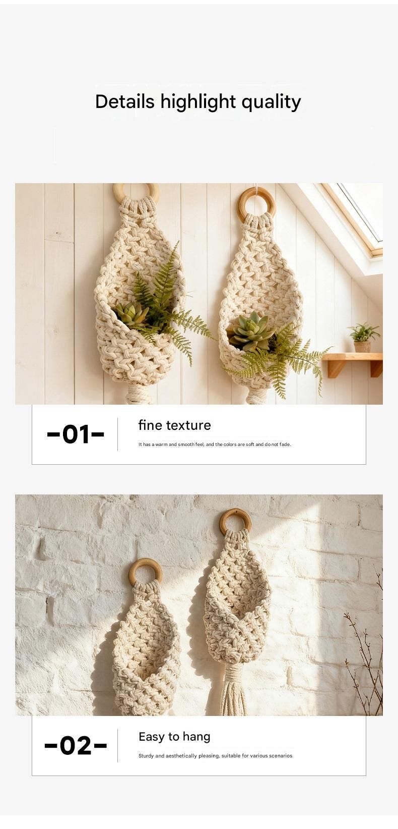White Macrame Hanging Plant Holder - Cotton Rope Wall Basket
