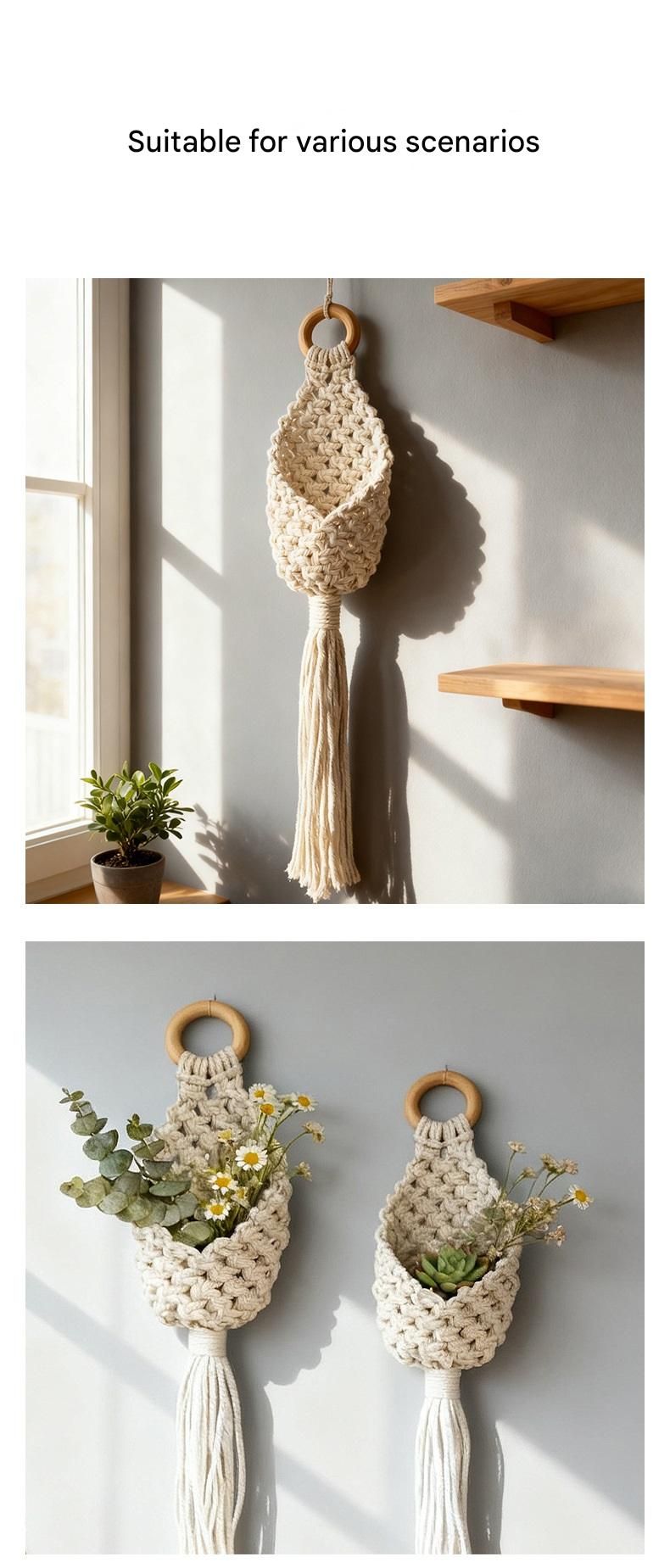 White Macrame Hanging Plant Holder - Cotton Rope Wall Basket