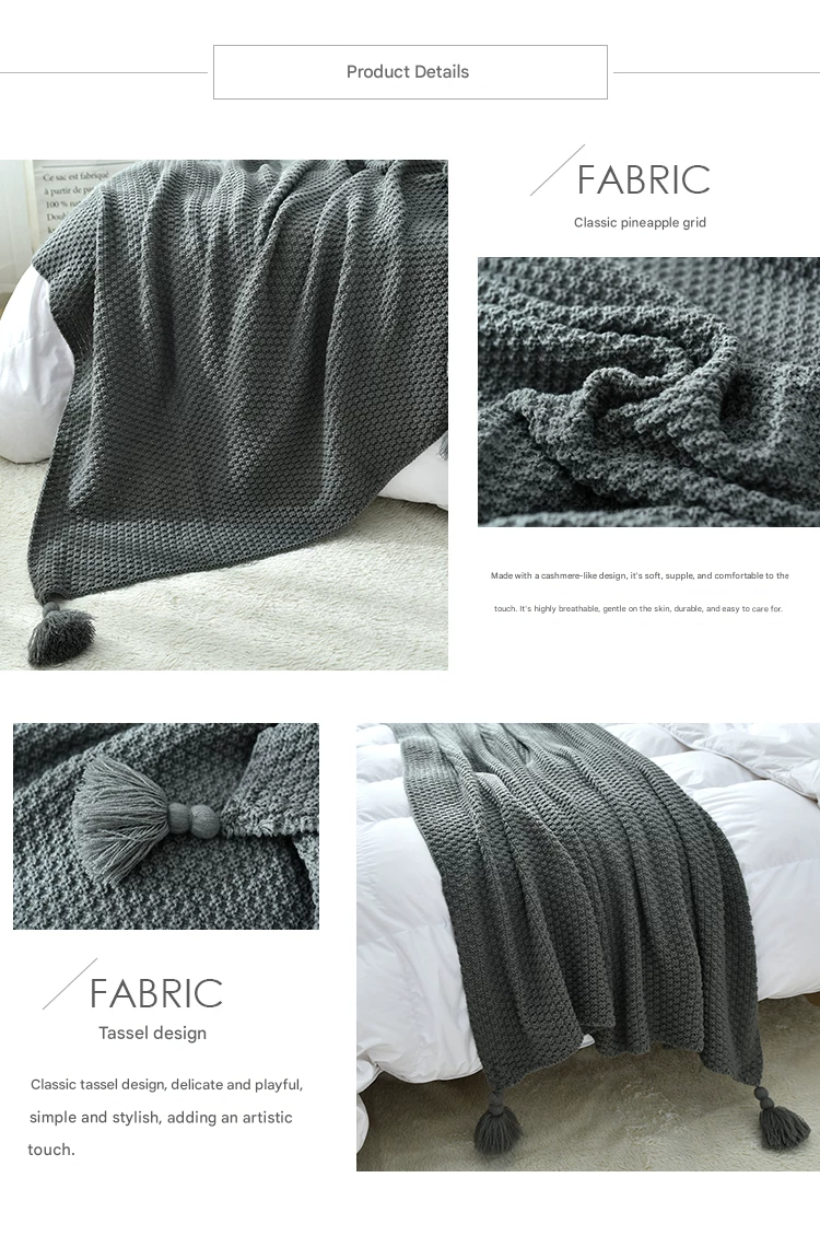 Black 110*150cm Nordic Style Tassel Knit Throw Blanket - Soft Polyester Sofa Blanket with Pineapple Texture - Breathable & Lightweight for Office