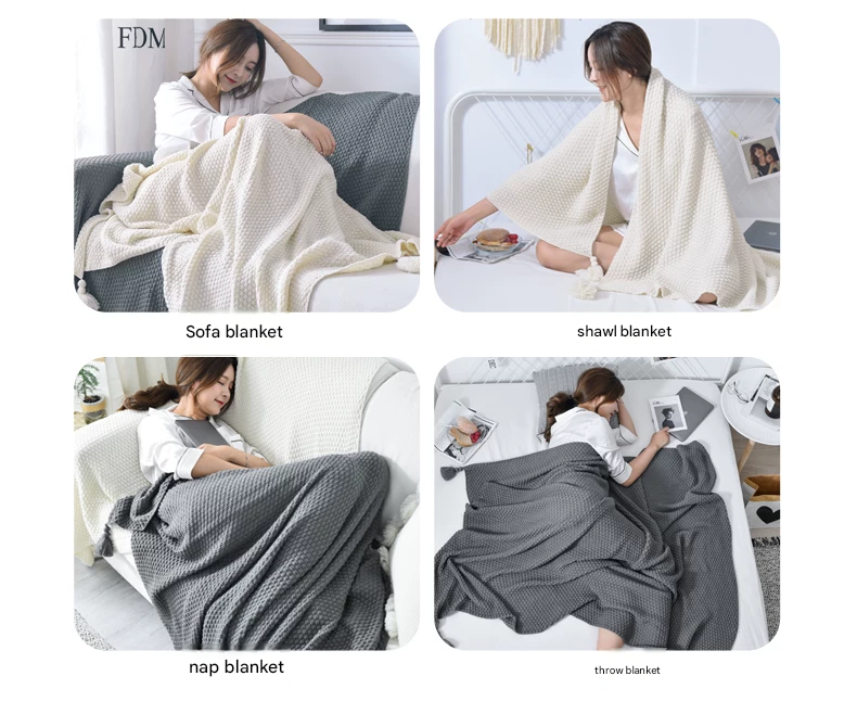 Black 110*150cm Nordic Style Tassel Knit Throw Blanket - Soft Polyester Sofa Blanket with Pineapple Texture - Breathable & Lightweight for Office