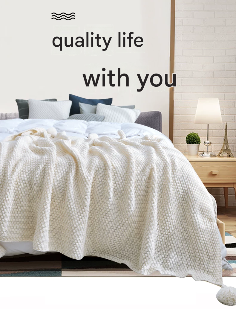 Black 1130*170cm Nordic Style Tassel Knit Throw Blanket - Soft Polyester Sofa Blanket with Pineapple Texture - Breathable & Lightweight for Office