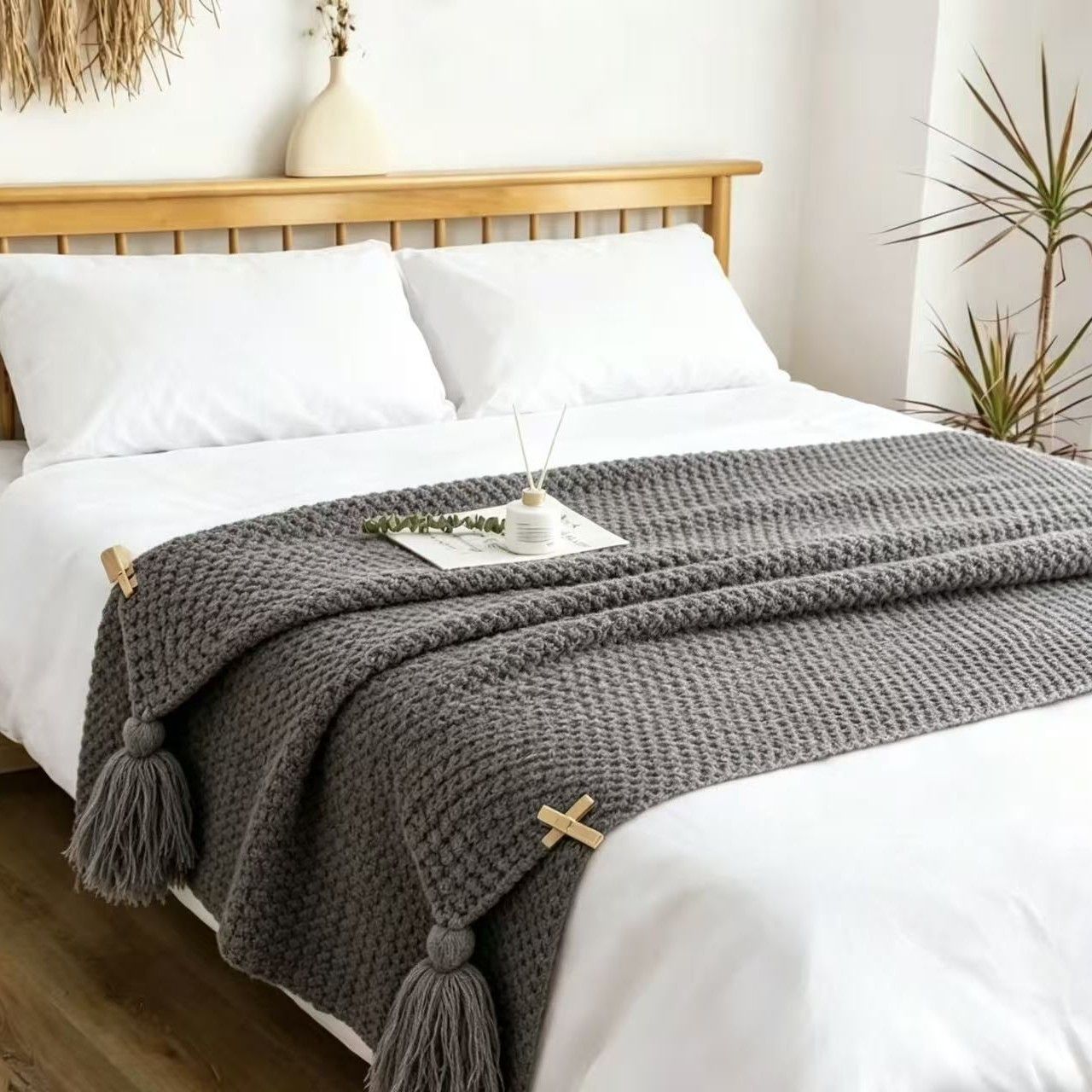 Grey 1130*170cm Nordic Style Tassel Knit Throw Blanket - Soft Polyester Sofa Blanket with Pineapple Texture - Breathable & Lightweight for Office Grey 1130*170cm Nordic Style Tassel Knit Throw Blanket - Soft Polyester Sofa Blanket with Pineapple Texture - Breathable & Lightweight for Office
