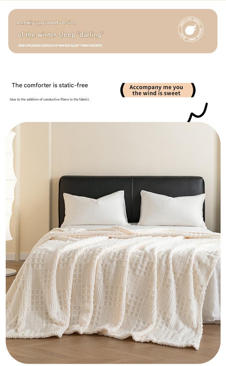 Light coffee color 180*200cm Thickened Double-Sided Plush Waffle Weave Throw Blanket - Anti-Static Taffeta Velvet & Flannel Fleece - Warm