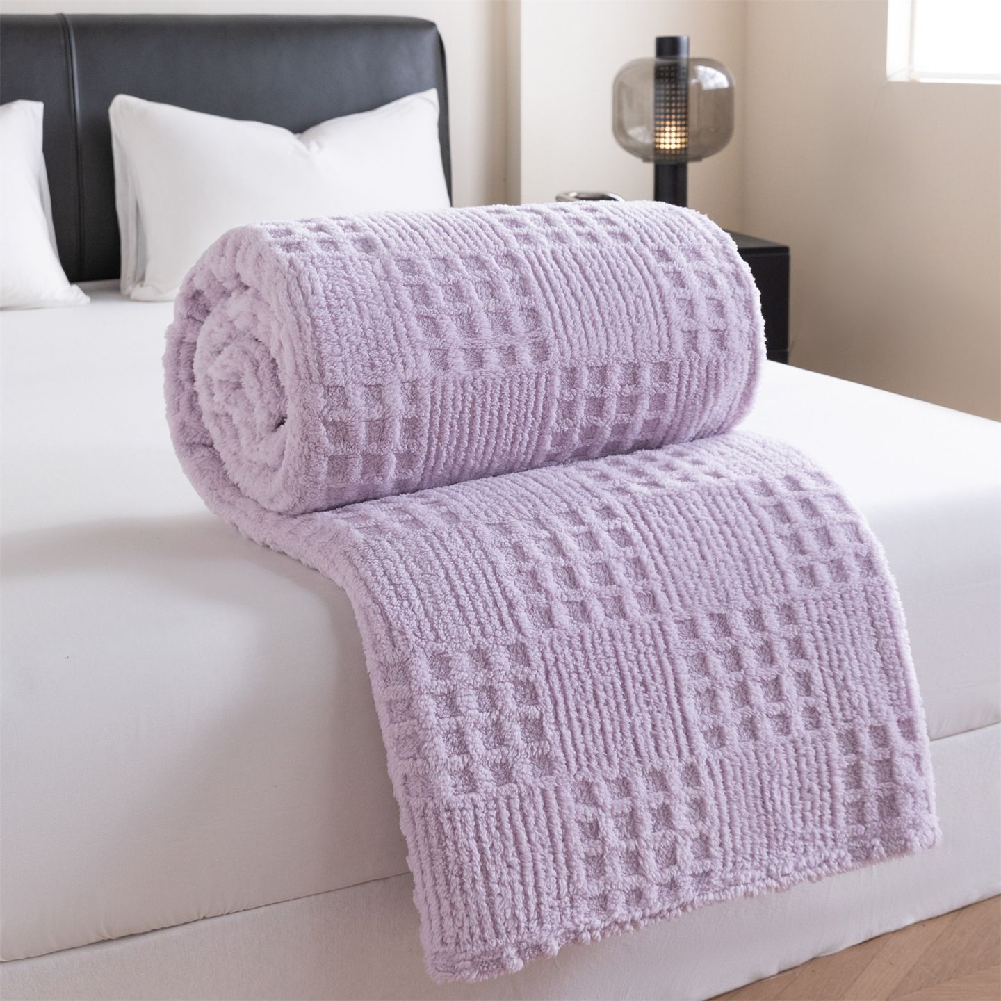 Purple 100*150cm Thickened Double-Sided Plush Waffle Weave Throw Blanket - Anti-Static Taffeta Velvet & Flannel Fleece - Warm Purple 100*150cm Thickened Double-Sided Plush Waffle Weave Throw Blanket - Anti-Static Taffeta Velvet & Flannel Fleece - Warm