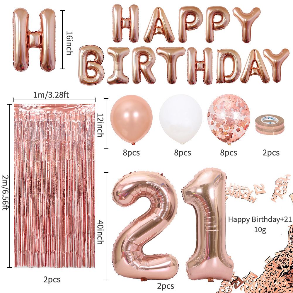 Rose Gold 21th Birthday Balloon Decoration Set - Foil Number Balloons, Happy Birthday Letter Banner, Tassel Curtain, Confetti Balloons, Latex Balloons & Tape - Complete Party Decor Kit for 18th, 21st, 30th Birthdays