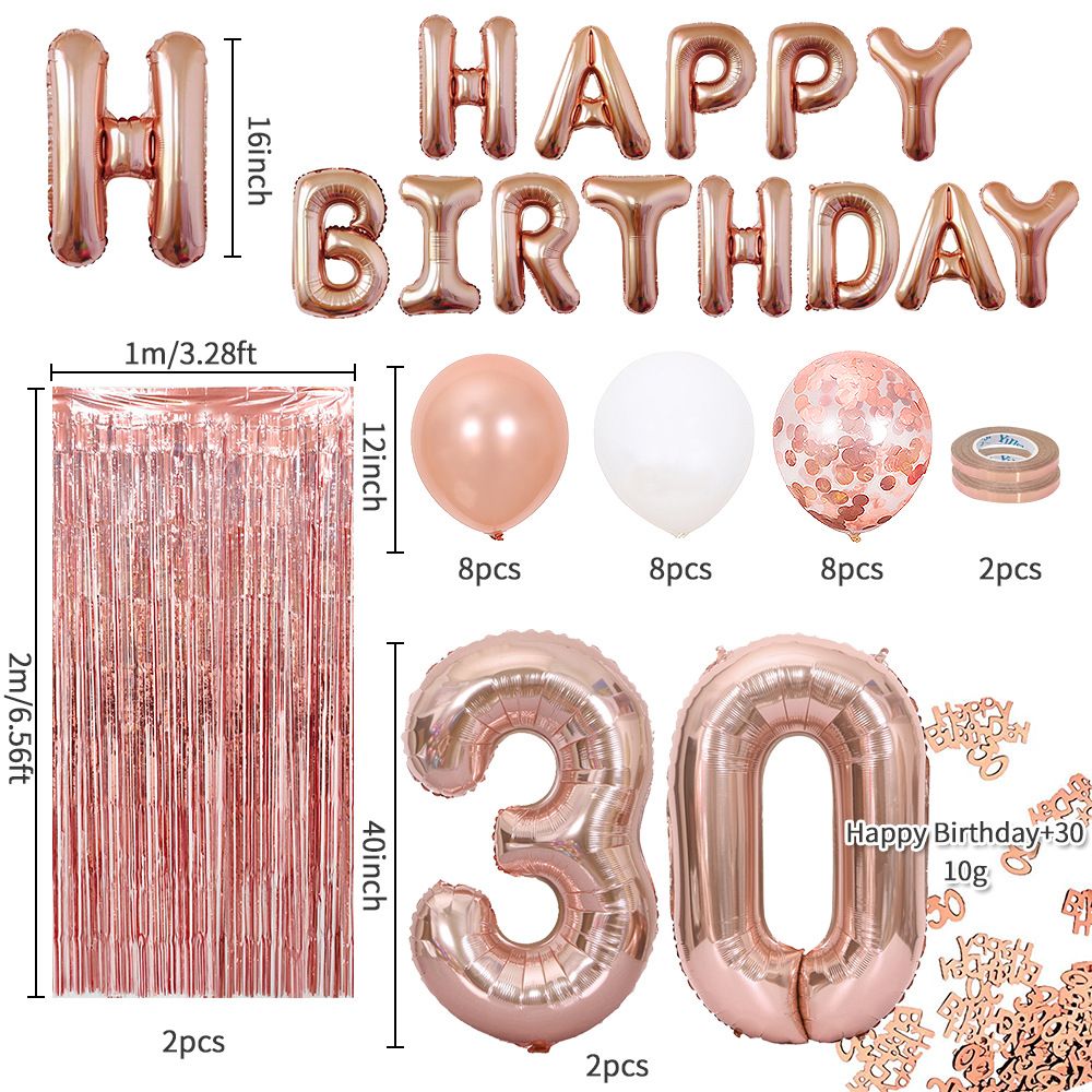 Rose Gold 30th Birthday Balloon Decoration Set - Foil Number Balloons, Happy Birthday Letter Banner, Tassel Curtain, Confetti Balloons, Latex Balloons & Tape - Complete Party Decor Kit for 18th, 21st, 30th Birthdays