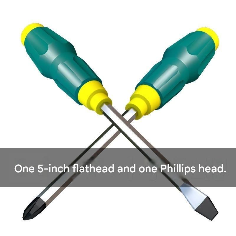 2-piece Green One 5-inch Phillips screwdriver and one 5-inch flathead screwdriver Impact-Resistant Magnetic Screwdriver with Through-Tang Shaft — Chrome Vanadium Steel Bit, Ergonomic Non-Slip Handle — Ideal for Automotive Repair, Machinery Maintenance, F