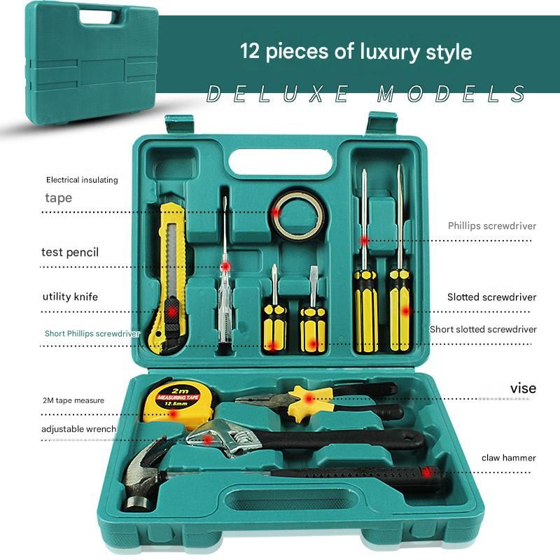 Green 12 Piece Set -Multi-Purpose Home & Car Tool Kit - Durable Blow-Molded Case, Utility Knife, Tape Measure, Pliers, Hammer, Screwdrivers, Allen Keys - Compact Emergency Repair Set for DIY and Auto Maintenance