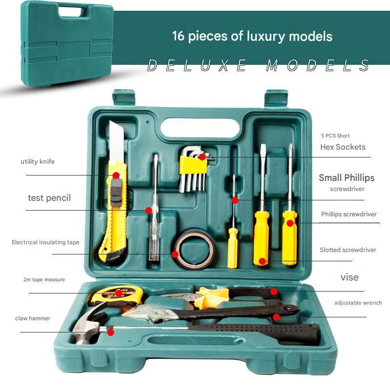 Green 16 Piece Set -Multi-Purpose Home & Car Tool Kit - Durable Blow-Molded Case, Utility Knife, Tape Measure, Pliers, Hammer, Screwdrivers, Allen Keys - Compact Emergency Repair Set for DIY and Auto Maintenance
