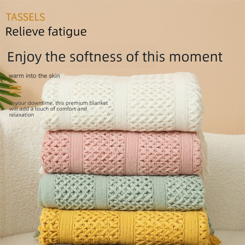 Yellow Elegant Openwork Knitted Throw Blanket with Tassels - 130x230cm Large Decorative Soft Sofa Blanket for Living Room & Bedroom - Breathable Cozy Cover for Travel & Office Nap