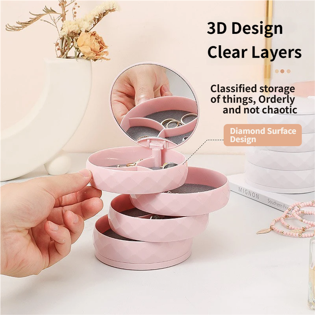 2-Pack 4-Tier Rotating Jewelry Organizer Box with Adjustable Mirror & Diamond Cut Design – Compact 360° Swivel Earring Stud Necklace Storage Box for Vanity Countertop