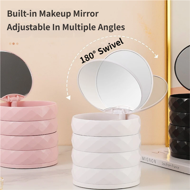2-Pack 4-Tier Rotating Jewelry Organizer Box with Adjustable Mirror & Diamond Cut Design – Compact 360° Swivel Earring Stud Necklace Storage Box for Vanity Countertop