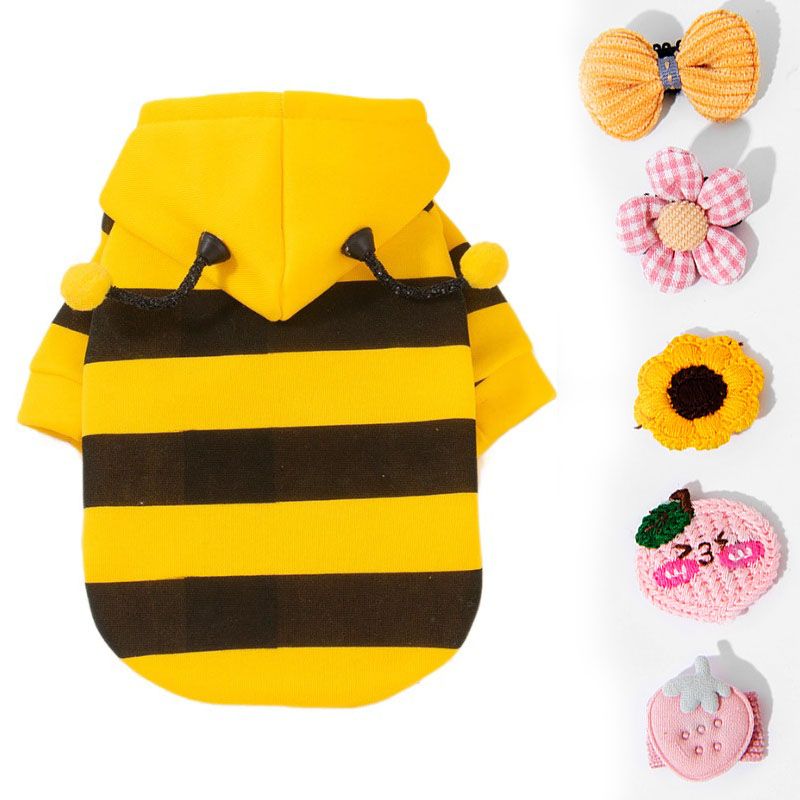 Size XL Bee Fleece Hoodie Jumper for Small Dogs & Cats with 5 Hair Clips - Winter Warm Pet Apparel Australia