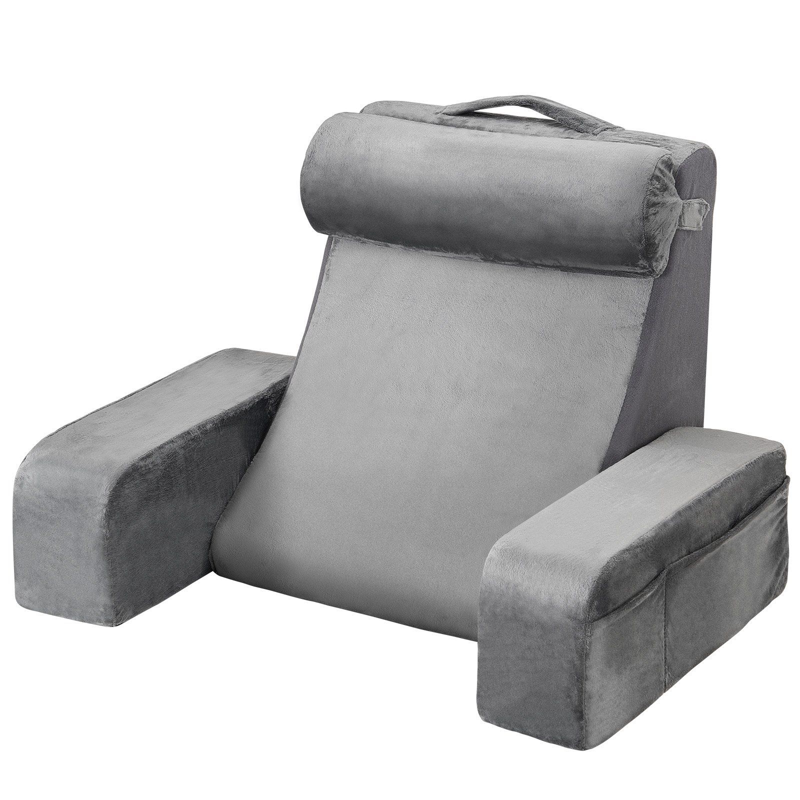 Reading Pillow, Backrest Support Pillow with Arm and 3 Pockets, Large Size Bed Pillow with Removable Headrest & 25D Sponge, Handle for Easy Carrying, for Reading, Gaming, Resting, Working, Grey