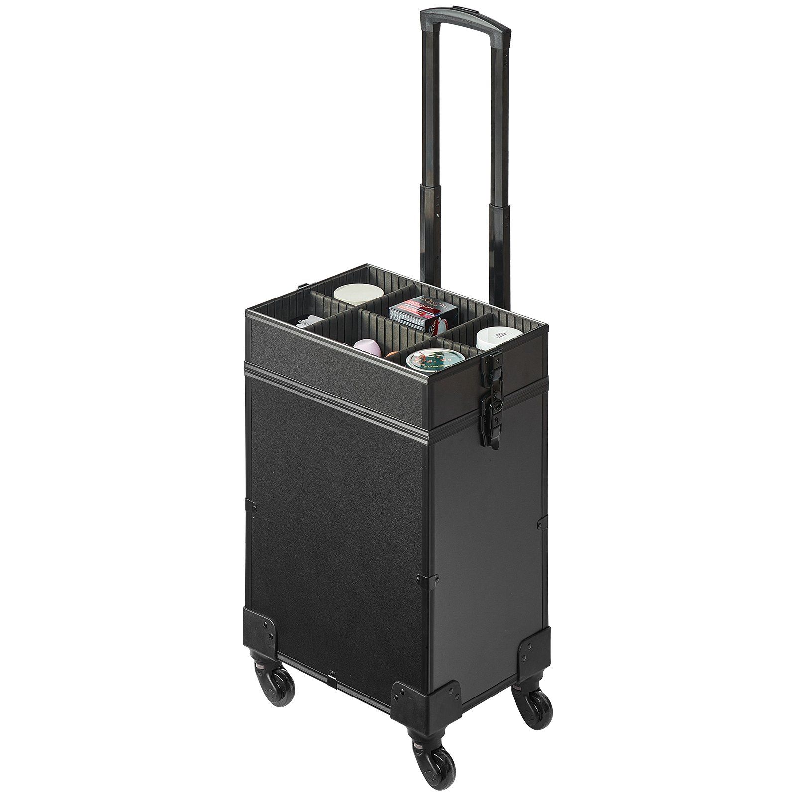 5 in 1 Professional Makeup Train Case Aluminum Cosmetic Case, Rolling Makeup Case Extra Large Trolley Makeup Travel Organizer, with 360° Swivel Wheels & Adjustable Pull Rod, Black