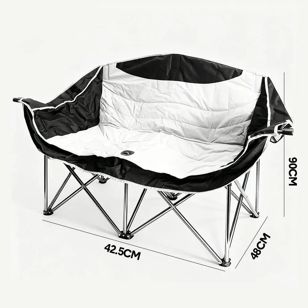 Double Camping Chairs Outdoor Lawn Camping Couch Heavy Duty Folding Chairs Strong Loading Capacity Metal Frame Oxford Fabric with Armrests and Cup Holders