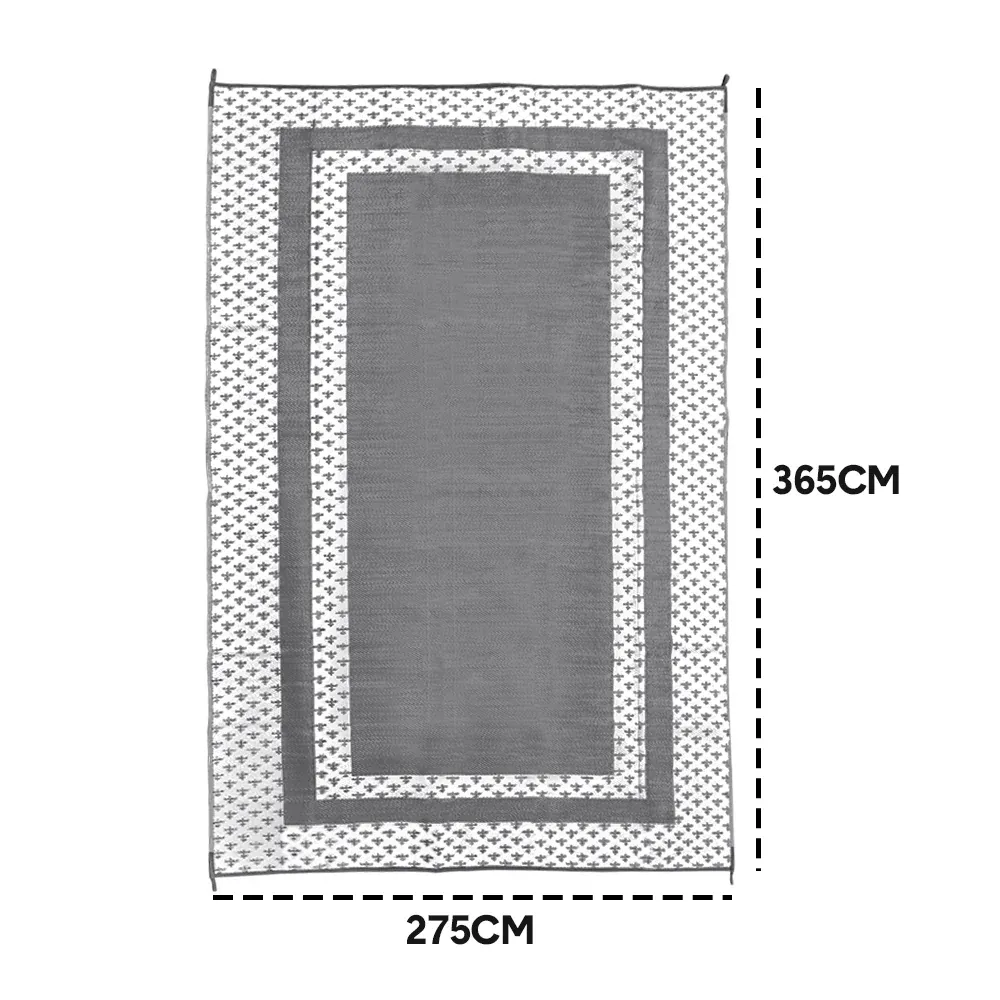 Large Outdoor Rug 275x365cm Weatherproof Plastic Weave Mat Washable Outside Solid Carpet Easy Care for Patio Deck Backyard Garden RV Camping Silver Grey